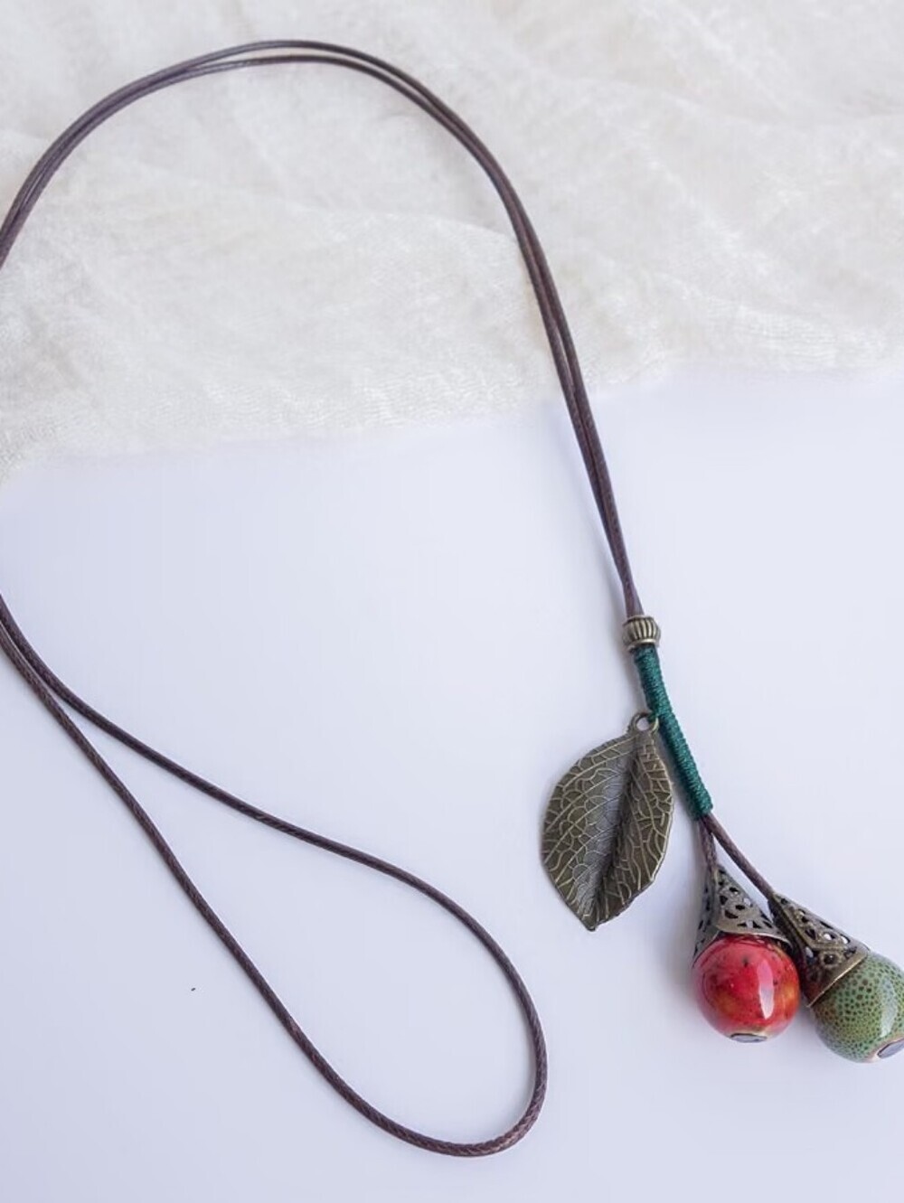 Boho Ceramic Beads Y Necklace Leaf Charm